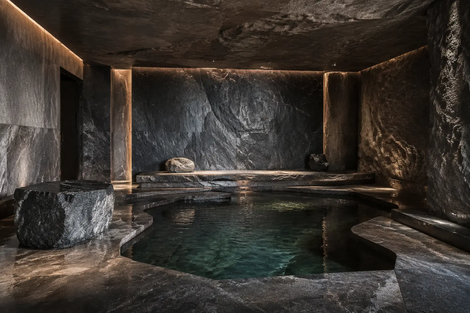Donkere private wellnessruimte met geïntegreerd water