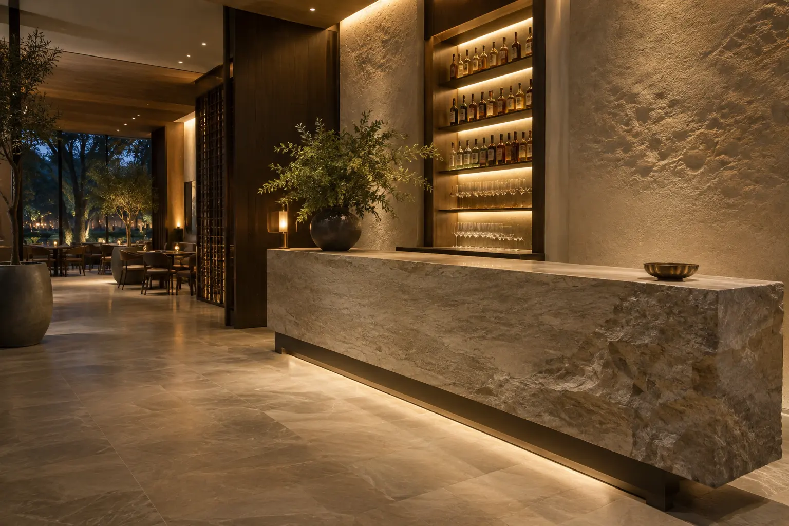 Hoststand van natuursteen in een restaurant en hotelbar