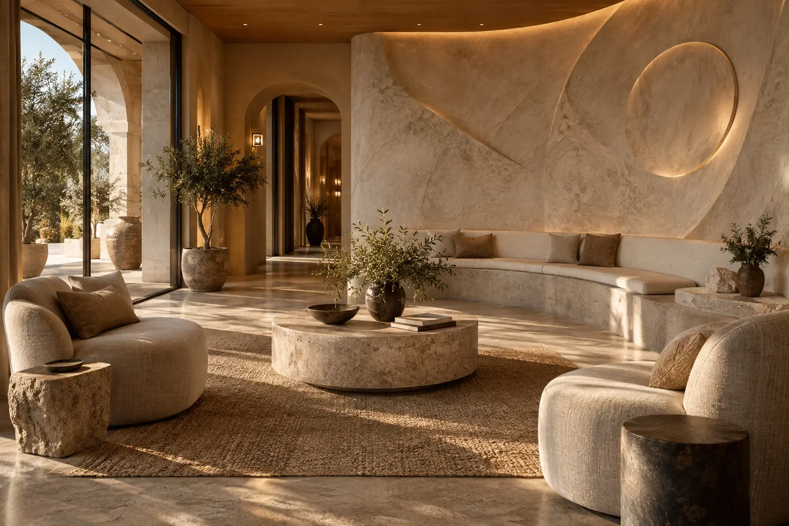 Boutique hotellounge met gevormde minerale wand en geïntegreerde zitbank