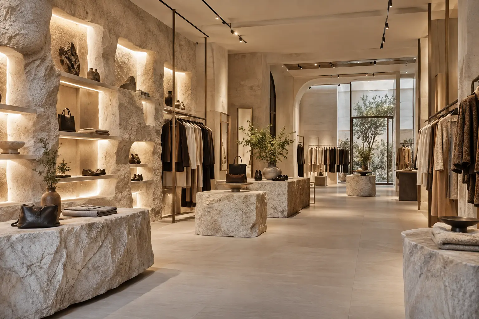 Luxe modewinkel met minerale presentatiewanden en stenen displays