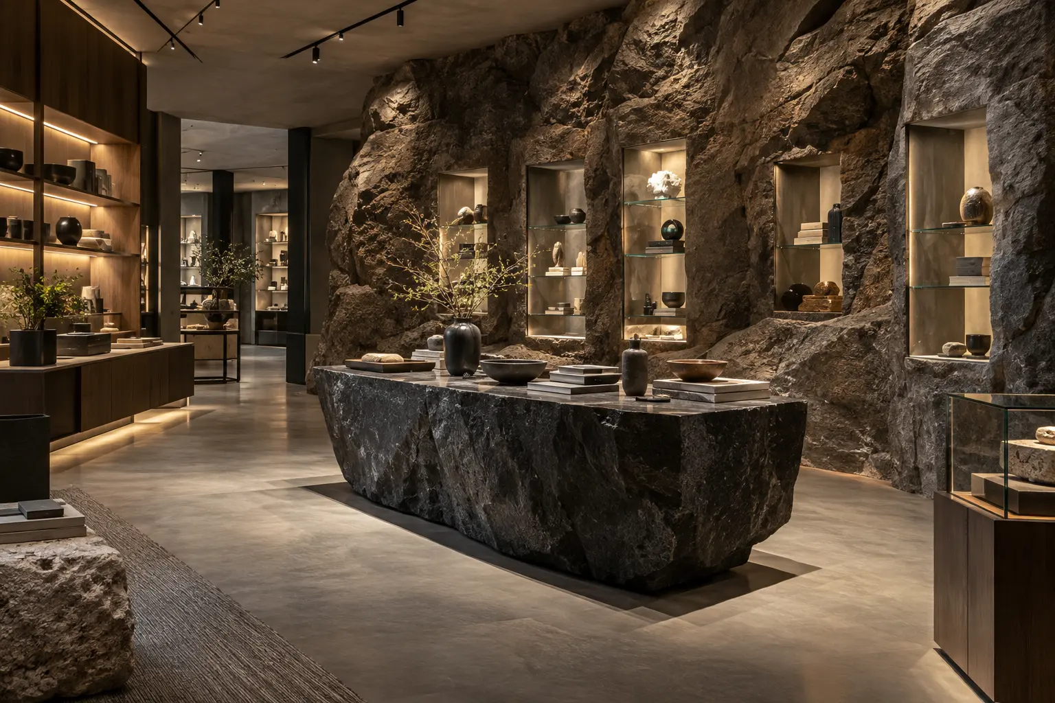 Conceptstore met levensechte rotswand, vitrines en stenen presentatietafel